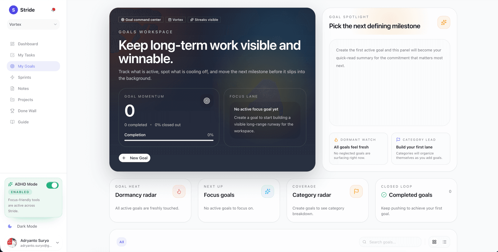 Stride goals dashboard showing connection between daily work items and quarterly objectives.