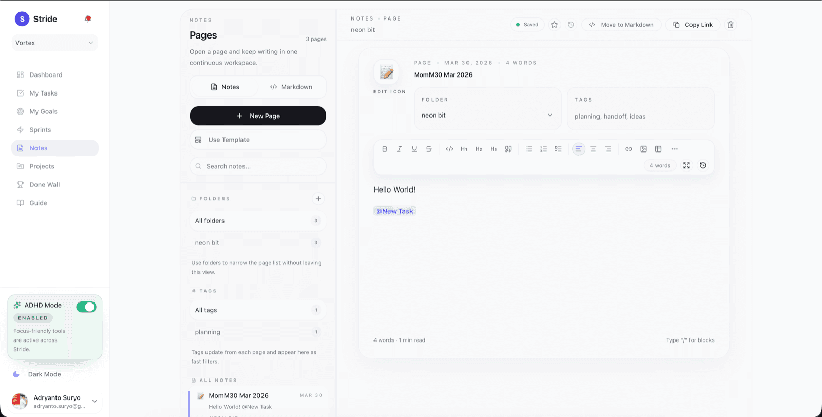 Stride connected workspace linking a meeting note directly to action items and project goals.