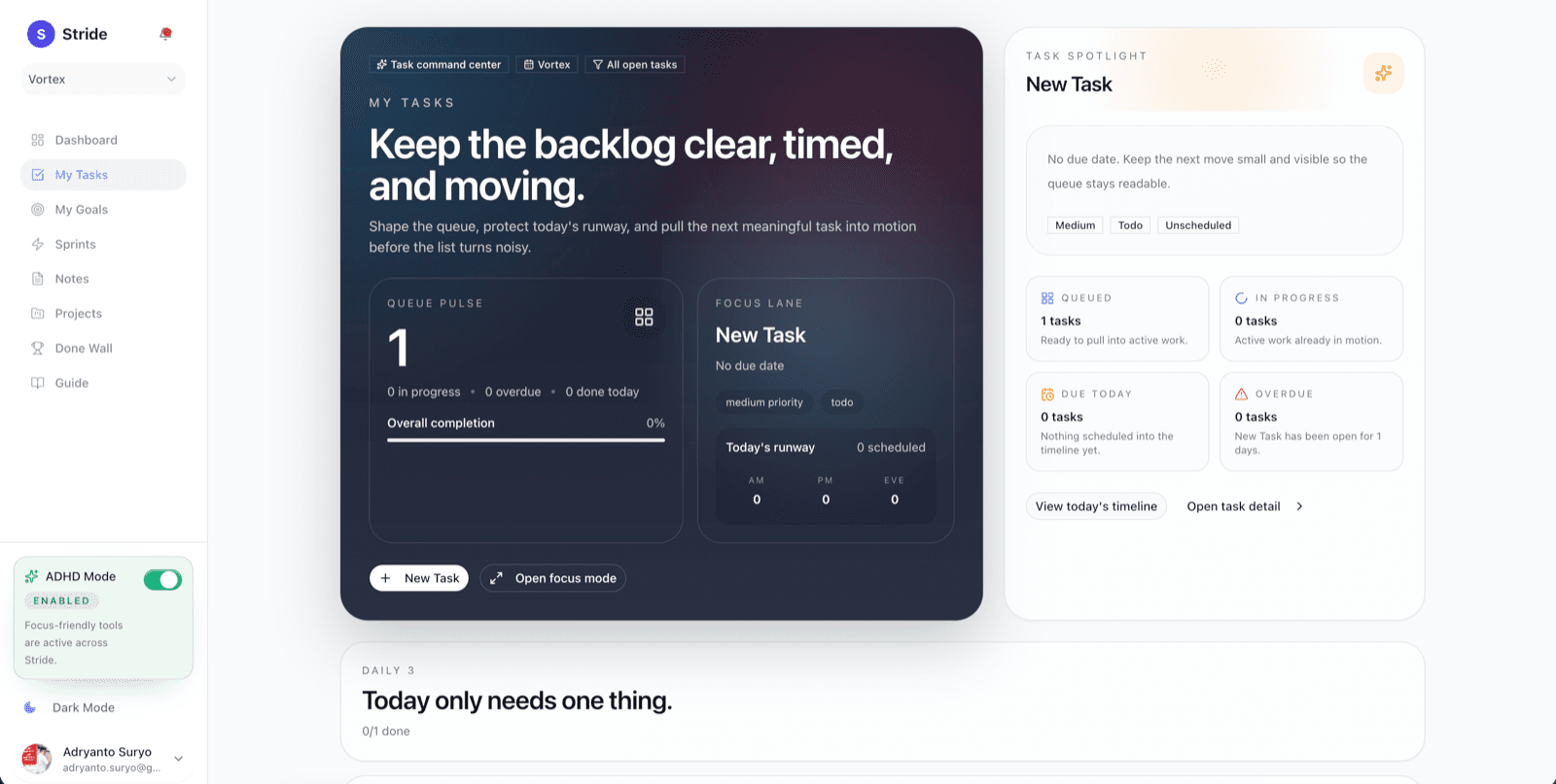 Stride tasks workspace showing a focus lane, a quiet backlog, and next-step planning.