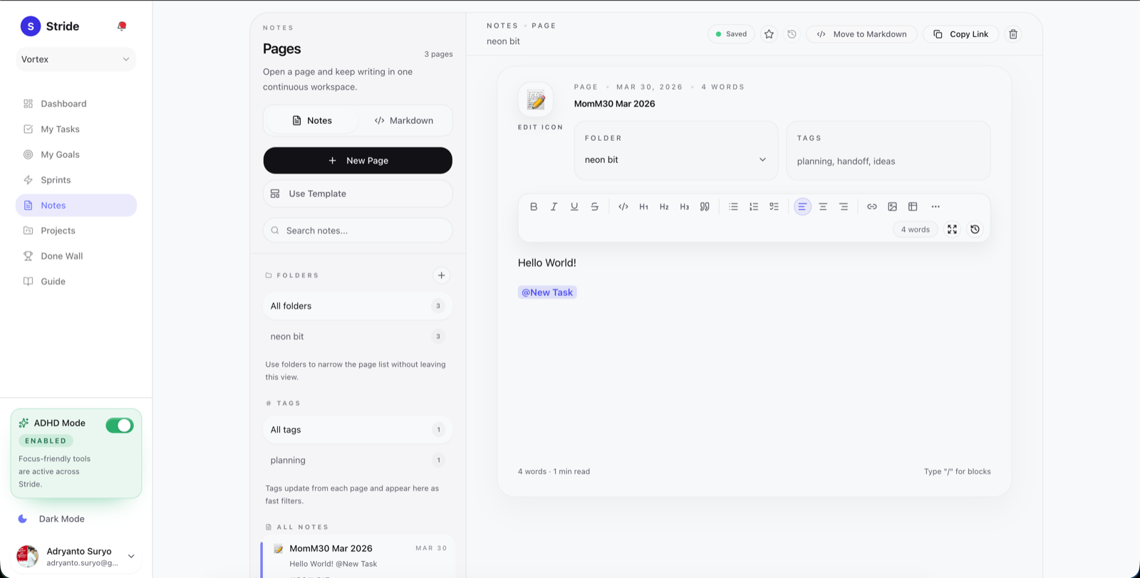 Stride notes workspace showing a page editor, folders, tags, and a rich text note in progress.