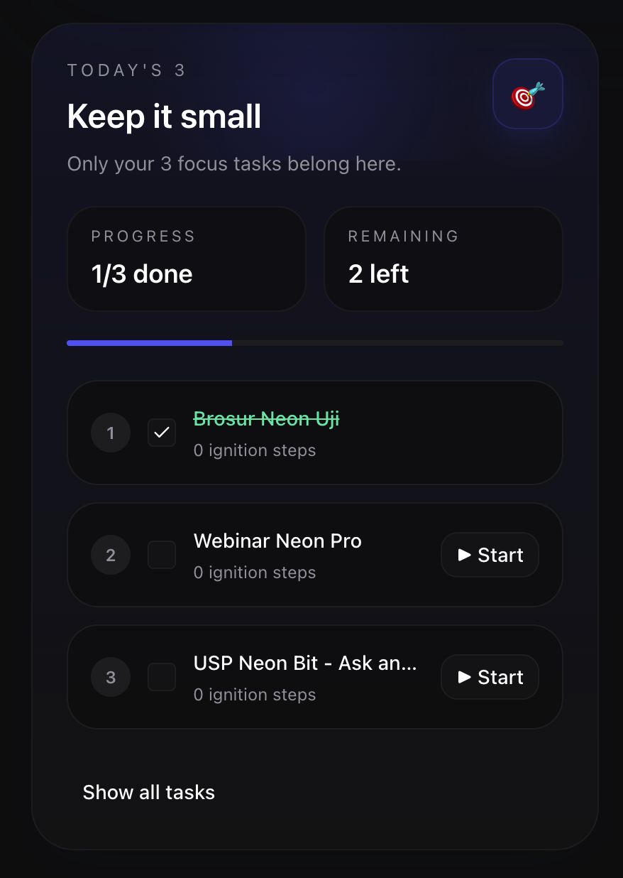 Stride Daily 3 view showing three selected focus tasks, progress, remaining tasks, and start buttons for the next item.